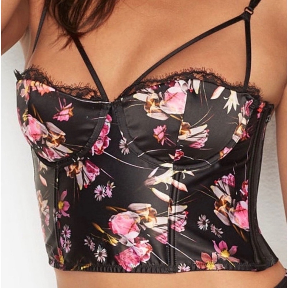 Victoria's Secret Very Sexy Floral Corset Top Black Satin Lace Bustier 34D NEW
